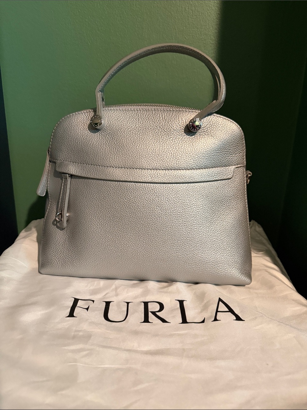 Furla Metallic Silver Pebbled Leather Satchel